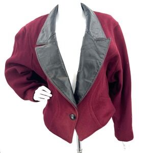 Vintage 80s Tuxedo Blazer Burgundy Wool Batwing Sleeves‎ Leather Collar Size M/L